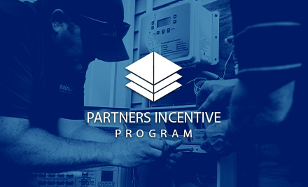 Partners Incentive Program logo with a man working in the background. 