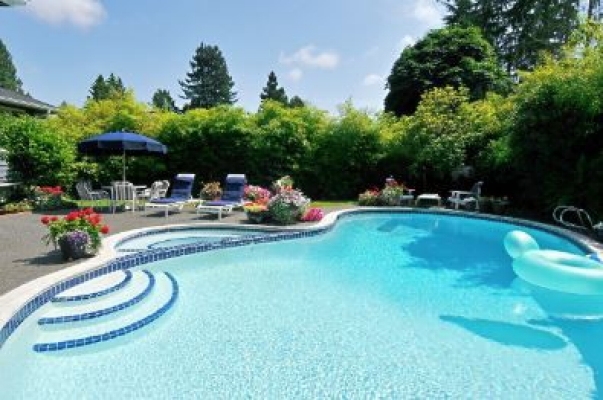 Backyard Pool on a sunny day with lounge chairs on the patio.