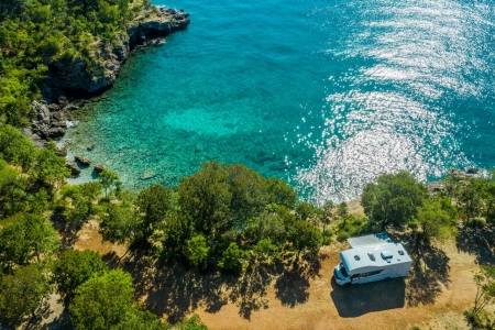 Aerial photo of scenic sea ocean front RV campsite